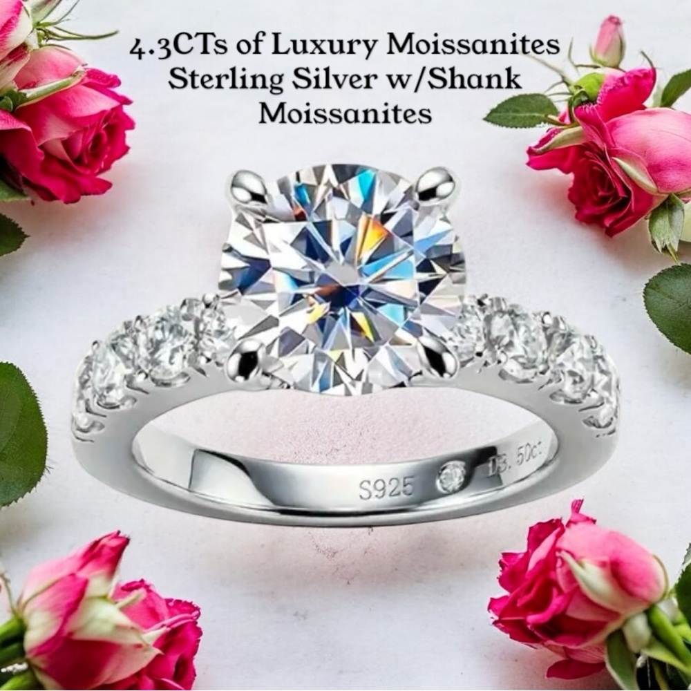Brilliant 4.3CTs Moissanite Sterling Silver Ring with Shank Accents